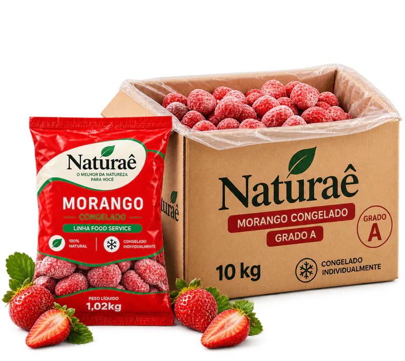 Morangos congelados, embalagem de 1,02 kg e caixa de 10 kg da Naturaê